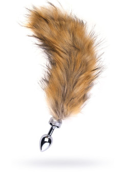 Анальная втулка Metal by TOYFA, металл, серебряная, с большим рыжим хвостом, 37 см, Ø 2,9 см, 195 г