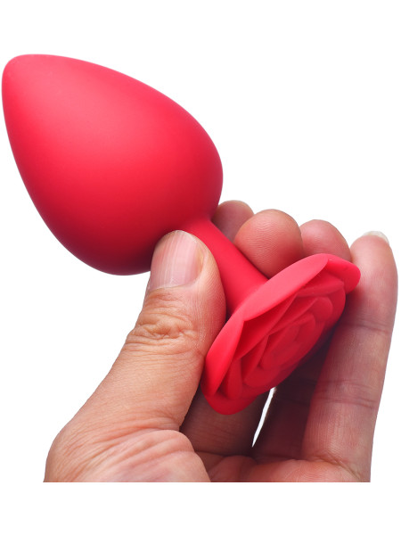 Красная силиконовая анальная пробка с ограничителем в форме розочки (Размер M)