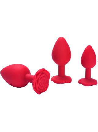 Красная силиконовая анальная пробка с ограничителем в форме розочки (Размер M)