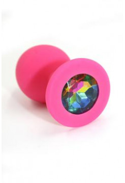 Розовая анальная пробка из силикона с радужным кристаллом (Medium) Длина: 7 см. Диаметр: 3,5 см.