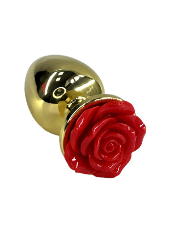Золотая анальная пробка с ограничителем в форме красной розы (Large)