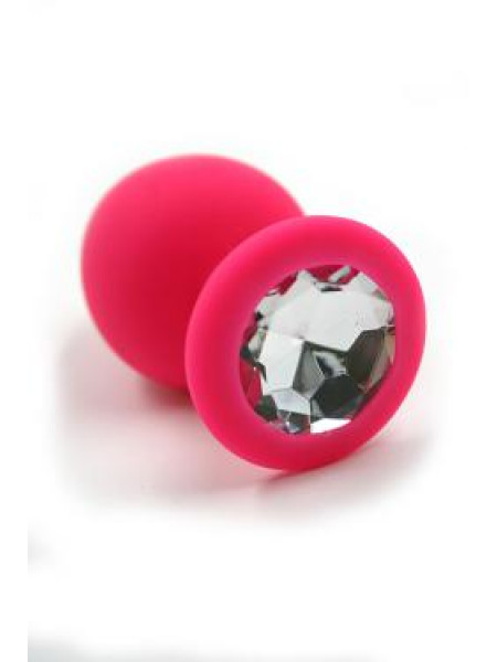 Розовая анальная пробка из силикона с прозрачным кристаллом Длина: 7 см. Диаметр: 3,5 см.