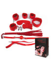 КОМПЛЕКТ (наручники, оковы, маска, кляп, плеть, ошейник с поводком, верёвка, зажимы для сосков) цвет красный