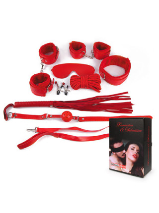 КОМПЛЕКТ (наручники, оковы, маска, кляп, плеть, ошейник с поводком, верёвка, зажимы для сосков) цвет красный