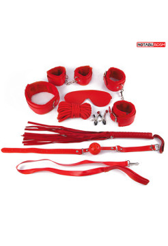 КОМПЛЕКТ (наручники, оковы, маска, кляп, плеть, ошейник с поводком, верёвка, зажимы для сосков) цвет красный