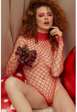 Соблазнительная боди-сетка красного цвета с длинными рукавами S\M, L\XL