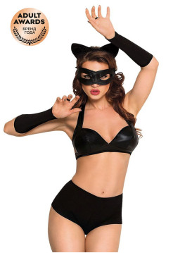 Костюм SoftLine Collection Catwoman (бюстгальтер,шортики,головной убор,маска,перчатки), черный, S, M