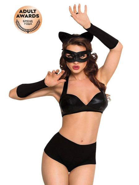 Костюм SoftLine Collection Catwoman (бюстгальтер,шортики,головной убор,маска,перчатки), черный, S, M
