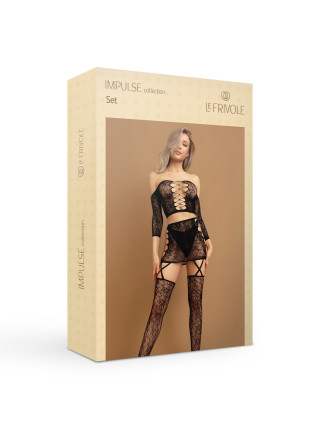 Боди-комбинезон комбинация топ + юбка с чулками черного цвета (IMPULSE) S-XXL