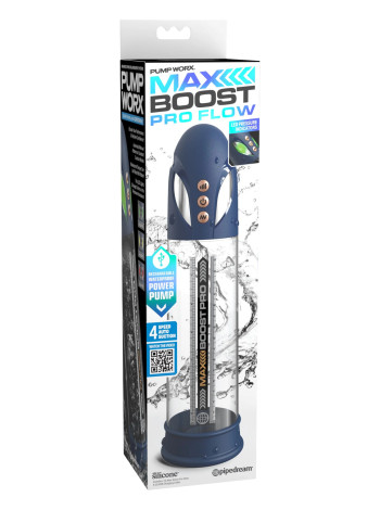 Помпа вакуумная автоматическая мужская Max Boost Pro Flow, синяя Pipedream, c вибрацией, длина 30.00 см, диаметр 3.00 см