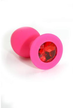 Розовая анальная пробка из силикона с красным кристаллом (Medium)
