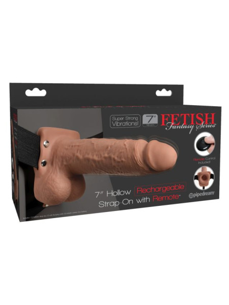 Перезаряжаемый универсальный полый вибрострапон с пультом ДУ Fetish Fantasy 7 Hollow Rechargeable Strap-On Remote Tan