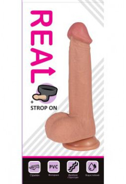 Реалистичный фаллоимитатор REAL с мошонкой на присоске и трусиками для страпона, dual PVC, 23x4 см. Рабочая длина: 17 см.