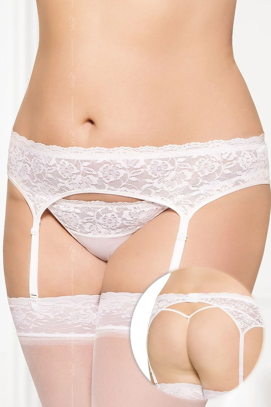 Пояс для чулок и стринги SoftLine Collection кружевные, белый, XXXL