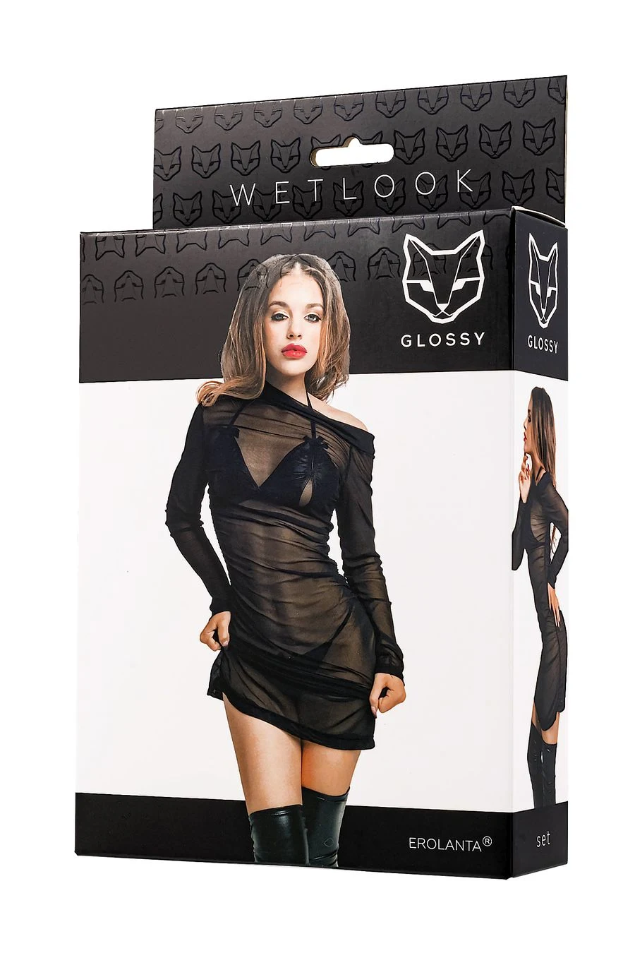 Комплект Glossy Sheril платье сетка, лиф и трусики из материала Wetlook, черный, L
