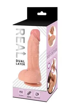 Реалистичный фаллоимитатор REAL Dual Layer с мошонкой на присоске, dual PVC, 21,5х4,6 см.