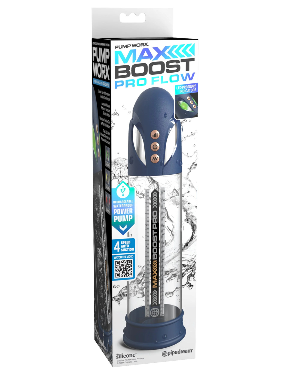 Помпа вакуумная автоматическая мужская Max Boost Pro Flow, синяя Pipedream, c вибрацией, длина 30.00 см, диаметр 3.00 см