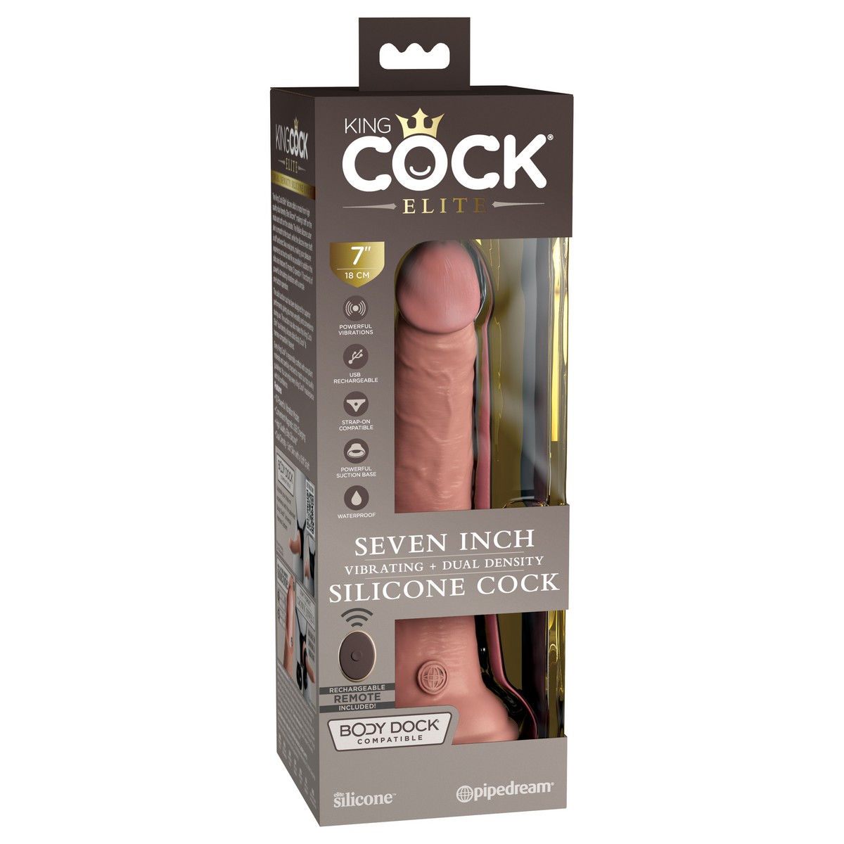 Вибромассажер-реалистик на присоске с двойной плотностью King Cock Elite 7 с пультом Pipedream, c вибрацией, длина 17.80 см